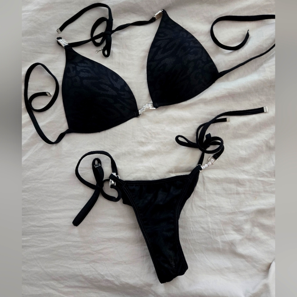 Black Cheetah Print Angel Competition Bikini Posing Suit
